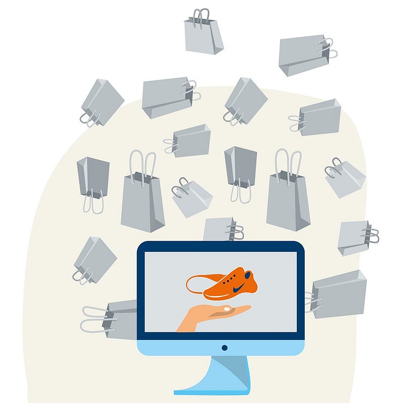 Illustration of a computer screen depicting a hand under an orange shoe. Behind the screen, a dozen handbags levitate in the air.